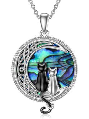 Sterling Silver Cat Necklace with Abalone Shell, Celtic Moon Design, Gift for